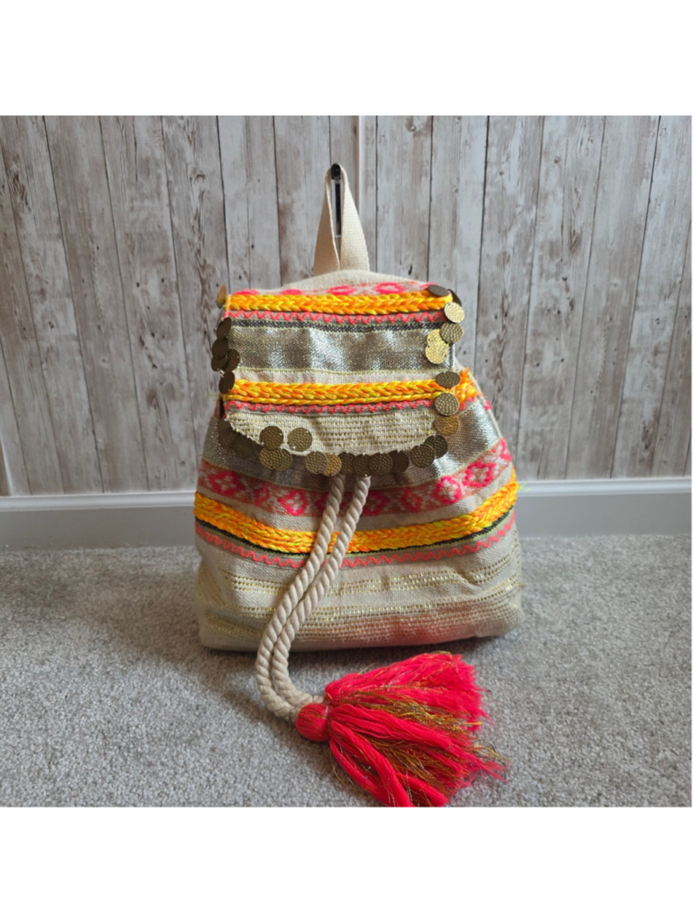 Unbranded Boho Backpack Beige Pink Metallic Coin Detail